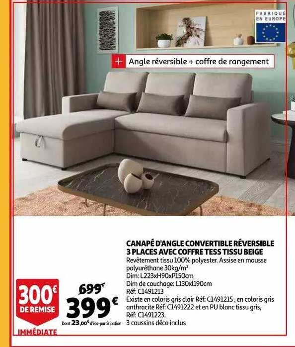 canapé d'angle convertible réversible 3 places avec coffre tess tissu beige