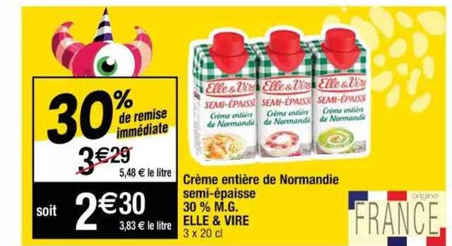 crème entière de normandie semi-épaisse 30% m.g. elle & vire