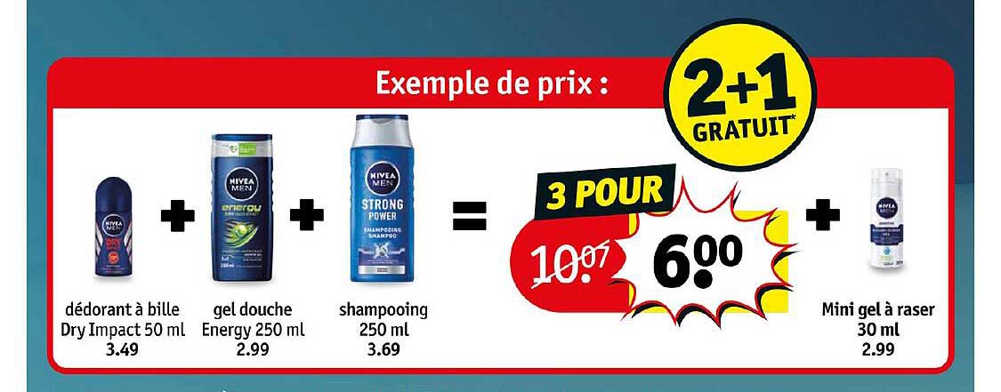 déodorant à bille dry impact à bille dry impact 50 ml + gel douche energy 250 ml + shampooing 250 ml , mini gel à raser 30 ml