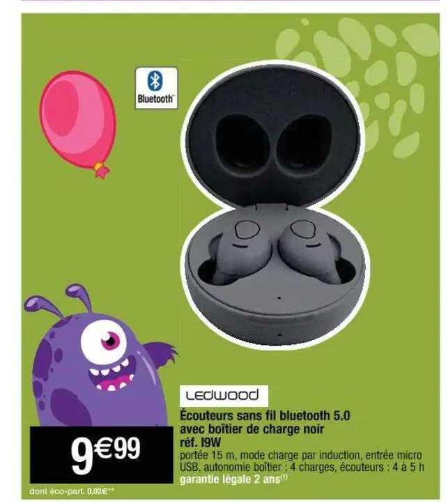 écouteurs sans fil bluetooth 5.0 avec boîtier de charge noir i9w ledwood