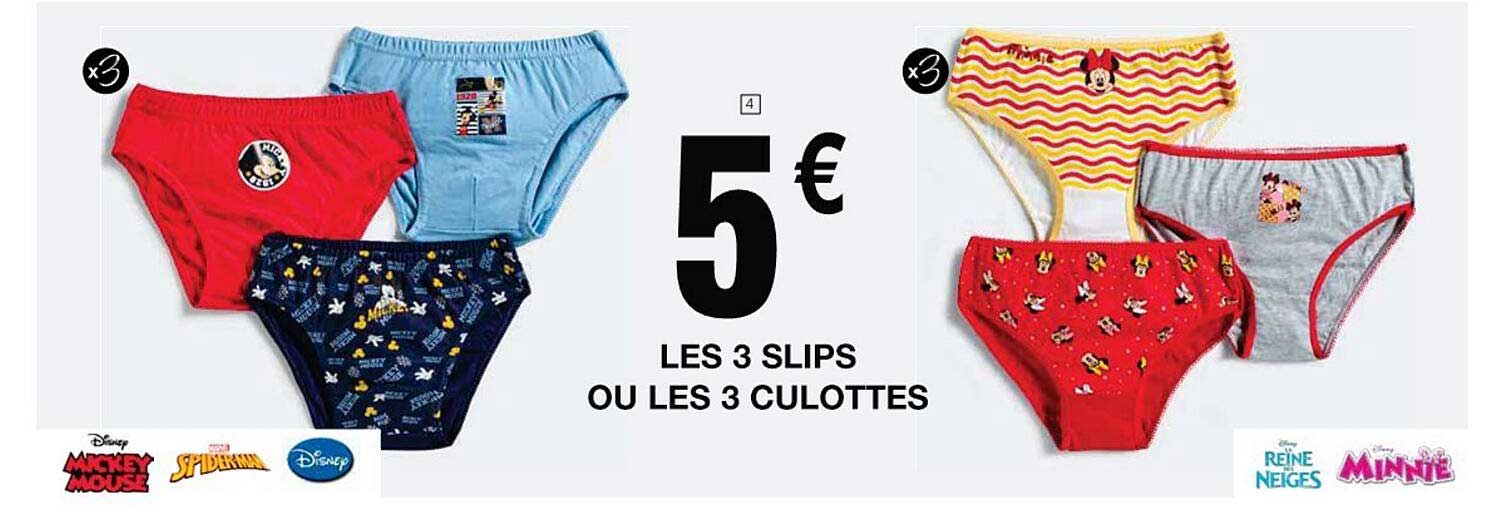 les 3 slips ou les 3 culottes mickey mouse, spidermann, disney