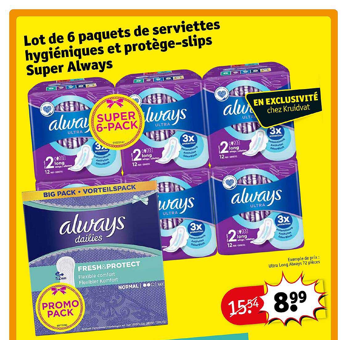 lot de 6 paquets de serviettes hygiéniques et protège-slips super always