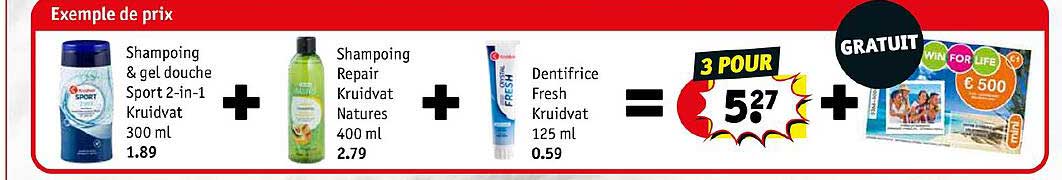 shampoing & gel douche sport 2-in-1 kruidvat 300 ml + shampoing repair kruidvat natures 400 ml + dentifrice fresh kruidvat 125 ml