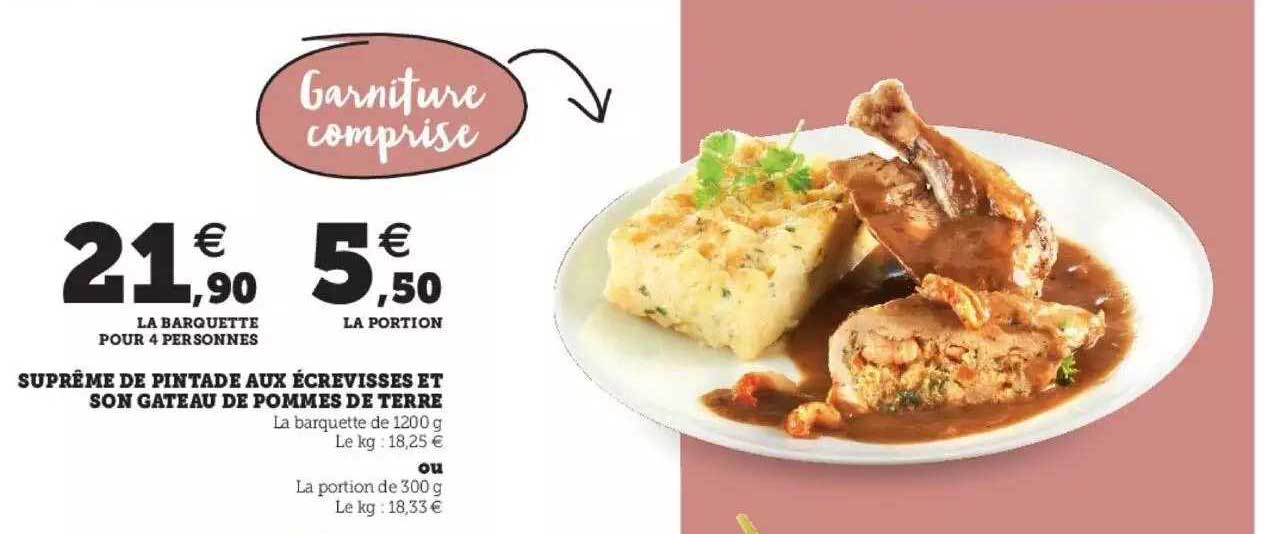 suprême de pintade aux écrevisses et son gâteau de pommes de terre