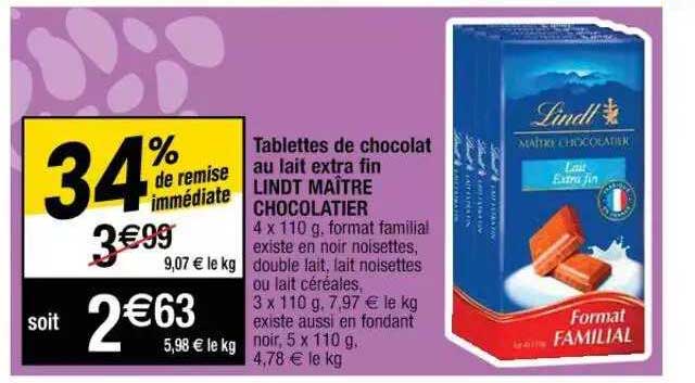 tablettes de chocolat au lait extra fin lindt maître chocolatier