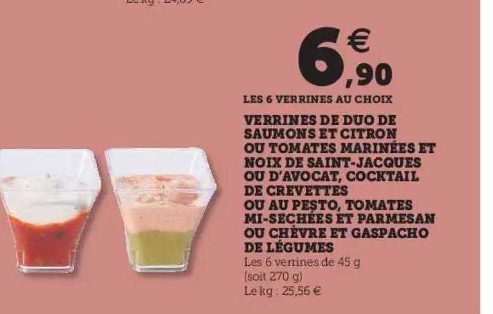 verrines de duo de saumons et citron ou tomates marinées et noix de saint-jacques ou d'avocat, cocktail de crevettes ou au pesto, tomates mi-séchées et parmesan ou chèvre et gaspacho de légumes
