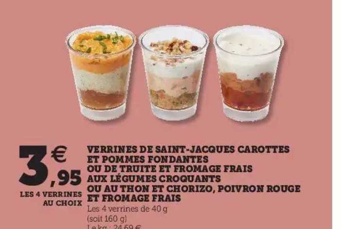 verrines de saint-jacques carottes et pommes fondantes ou de truite et fromage frais aux légumes croquants ou au thon et chorizo, poivron rouge et fromage frais