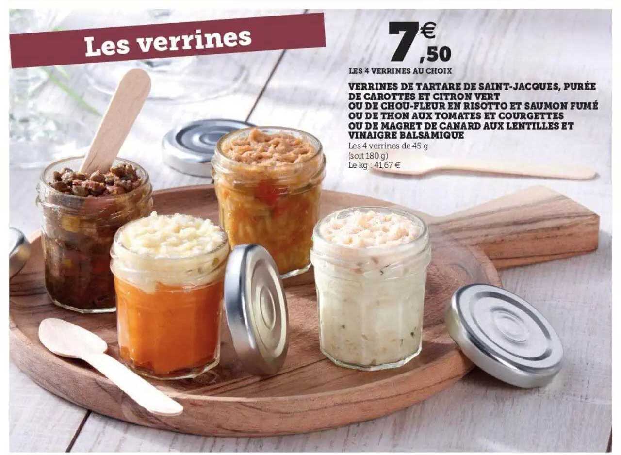 Verrines De Tartare De Saint-jacques, Purée De Carottes Et Citron Vert Ou De Chou-fleur En Risotto Et Saumon Fumé  Ou De Thon Aux Tomates Et Courgettes Ou De Magret De Canard Aux Lentilles Et Vinaigre