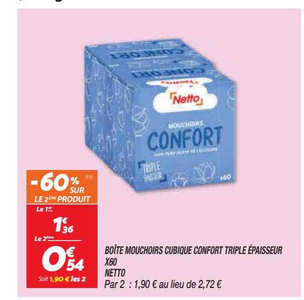 boîte mouchoirs cubique confort triple épaisseur x 60 netto