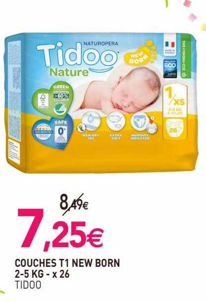 couches t1 new born 2-5 kg - x 26 tidoo