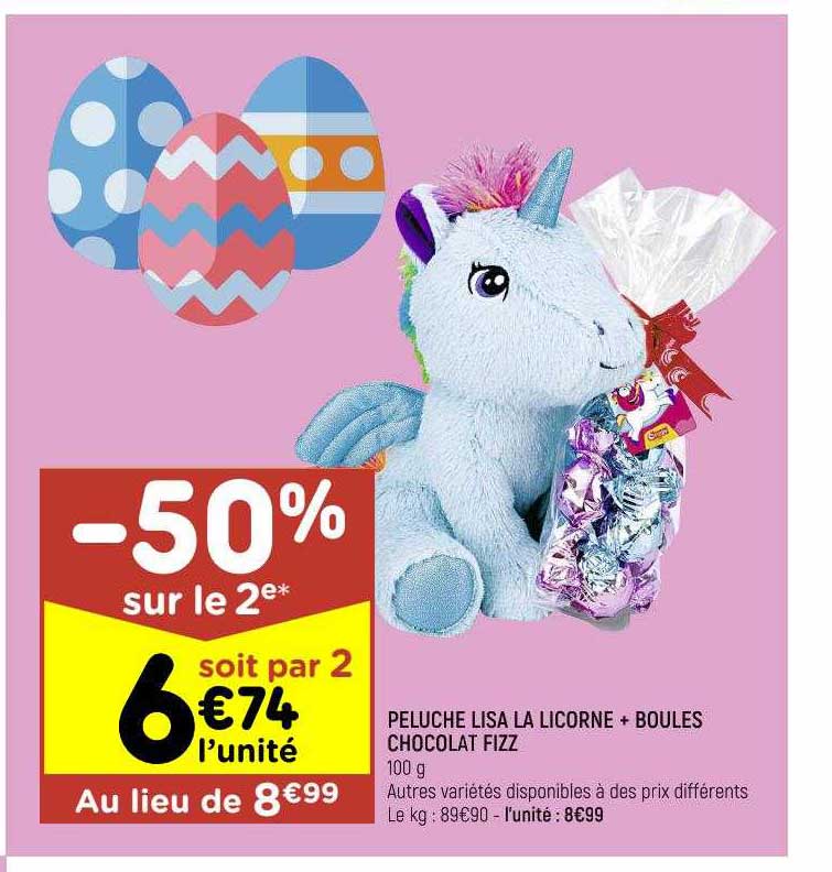 peluche lisa la licorne + boules chocolat fizz