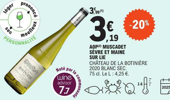 aop muscadet sèvre et maine sur lie château de la botinière 2020 blanc sec