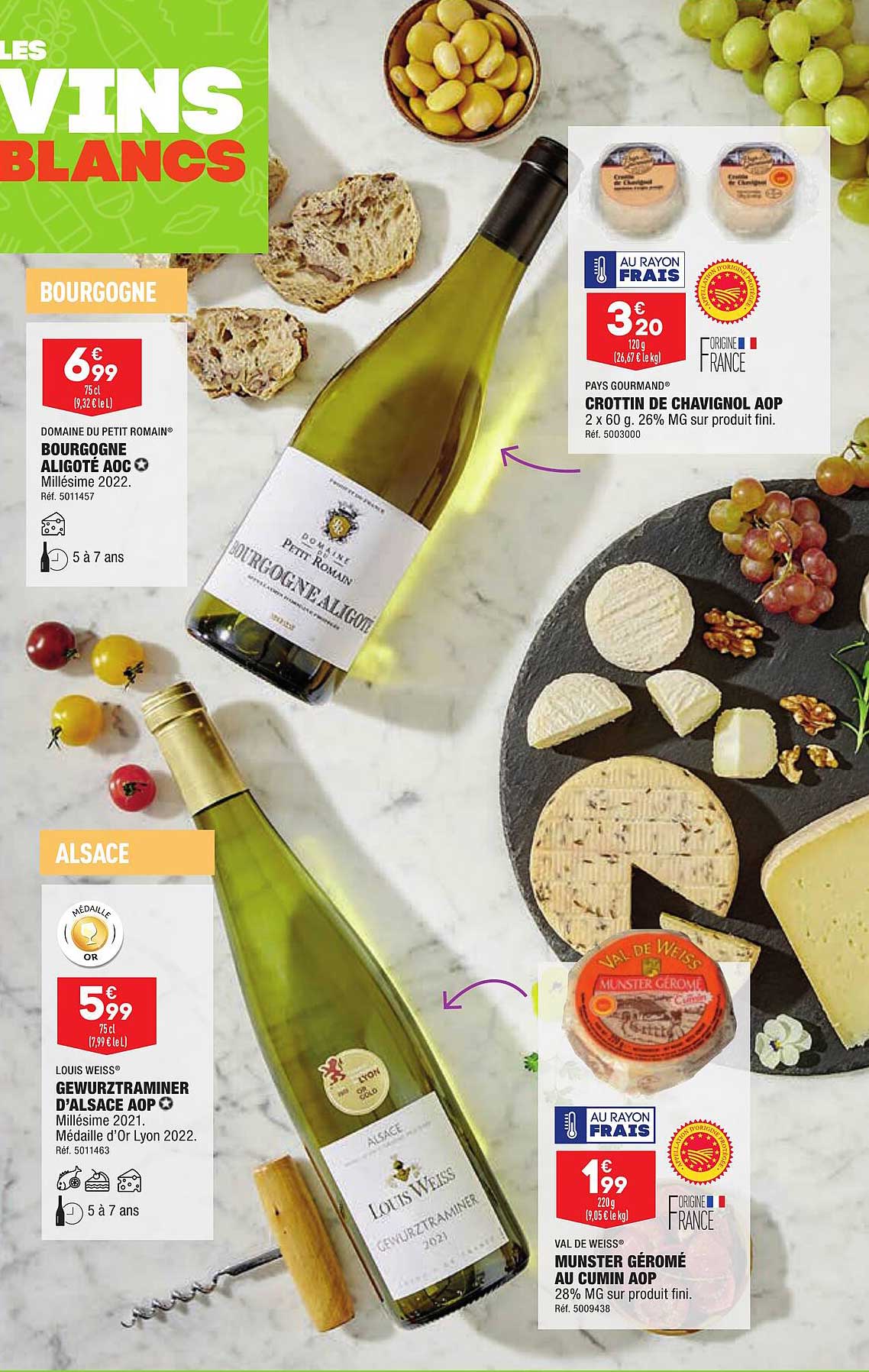 bourgogne aligoté aoc domaine du petit romain, crottin de chavignol aop pays gourmand, gewurztraminer d'alsace aop louis weiss, munster géromé au cumin aop val de weiss