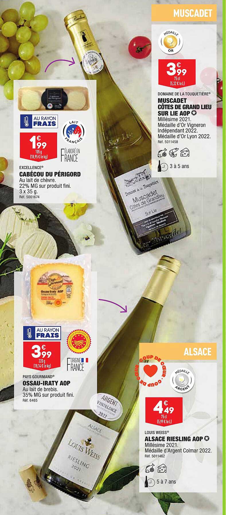 cabécou du périgord excellence, muscadet côtes de grand lieu sur lie aop domaine de la touquetière, ossau-iraty aop pays gourmand, alsace riesling aop louis weiss