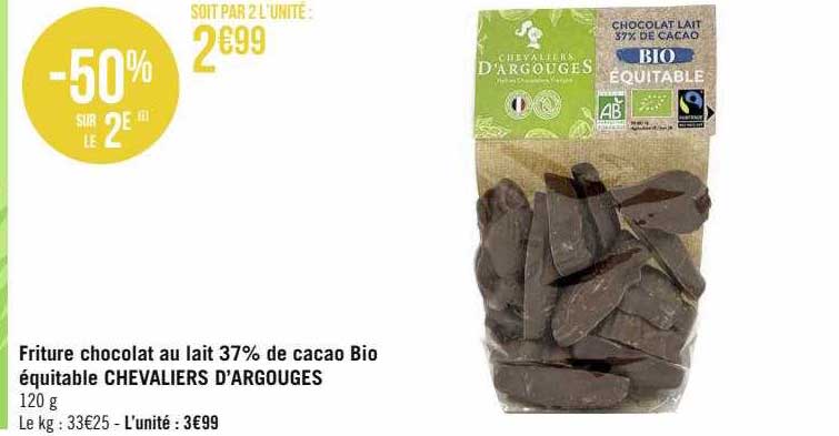 friture chocolat au lait 37% de cacao bio équitable chevaliers d'argouges