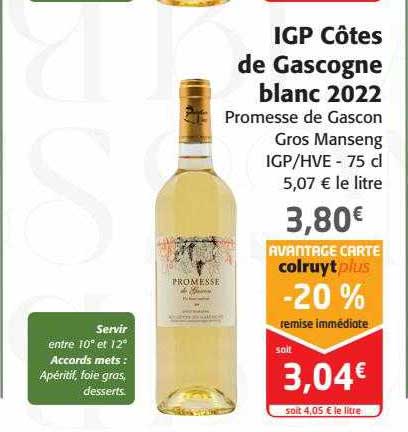 igp côtes de gascogne blanc 2022 promesse de gascon gros manseng igp-hve