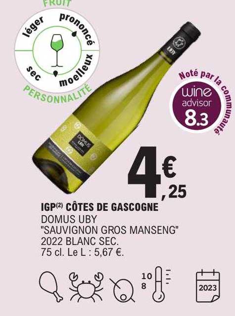 igp côtes de gascogne domus uby "sauvignon gros manseng" 2022 blanc sec