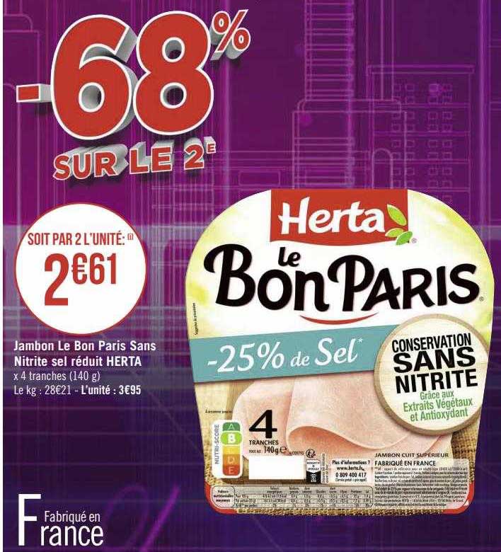 jambon le bon paris sans nitrite sel réduit herta