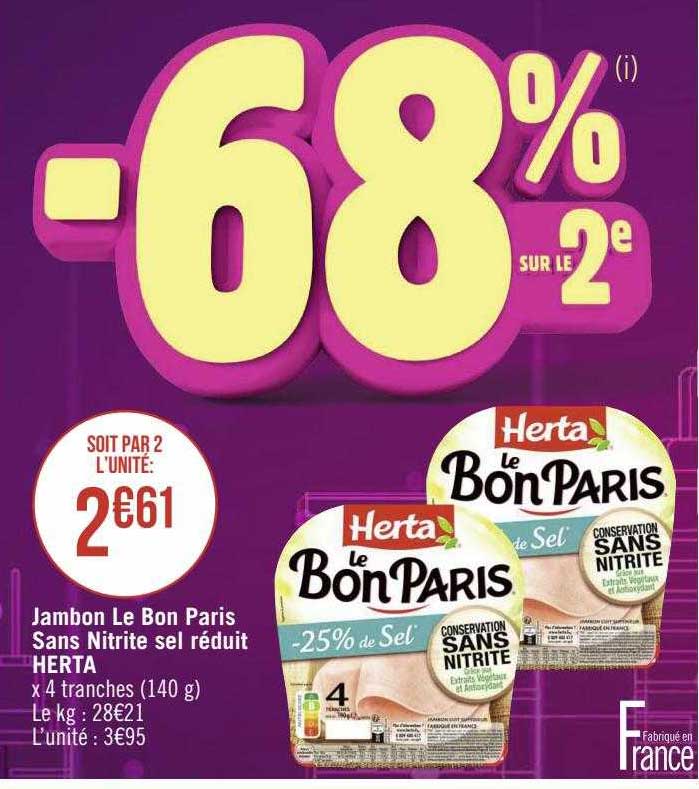 jambon le bon paris sans nitrite sel réduit herta