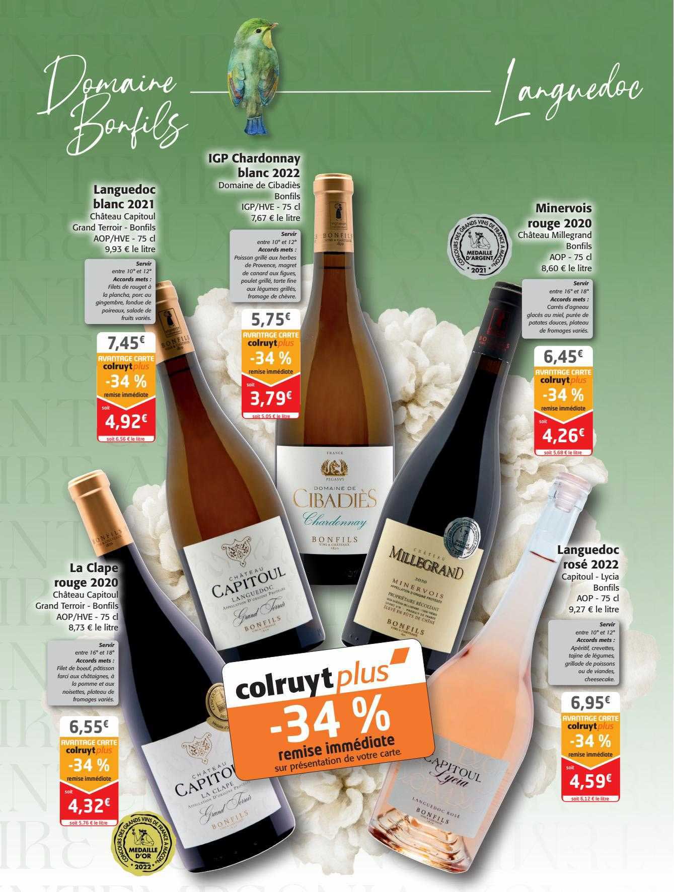 languedoc blanc 2021 château capitoul grand terroir - bonfils aop-hver, igp chardonnay blanc 2022 domaine de cibadiès bonfils igp-hve, minervois rouge 2020 château millegrand bonfils aop