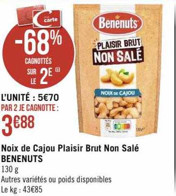 noix de cajou plaisir brut non salé benenuts