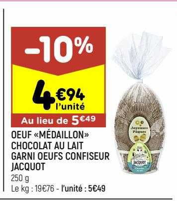 œuf «médaillon» chocolat au lait garni œufs confiseur jacquot