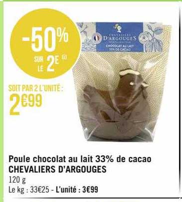 poule chocolat au lait 33% de cacao chevaliers d'argouges
