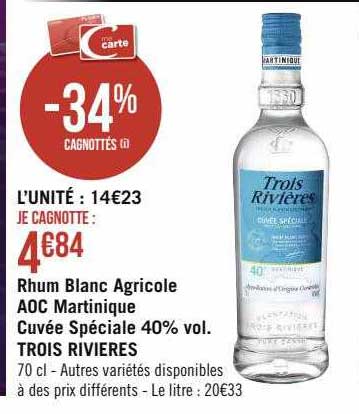 rhum blanc agricole aoc martinique cuvée spéciale 40% vol. trois rivières