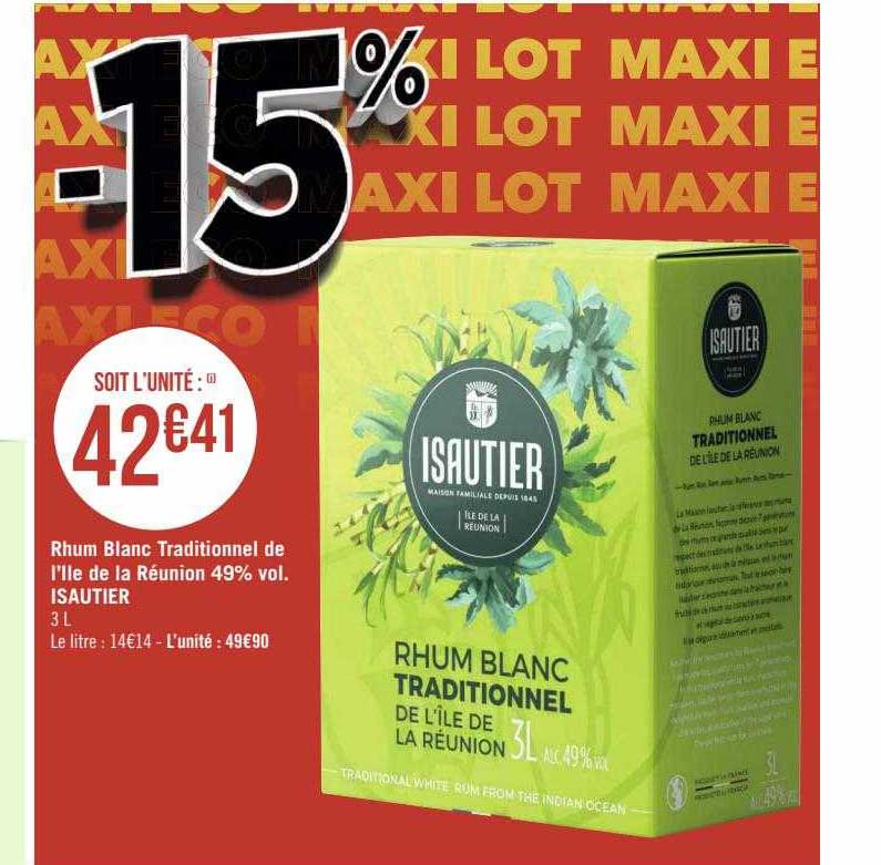 rhum blanc traditionnel de l'île de la réunion 49% vol. isautier
