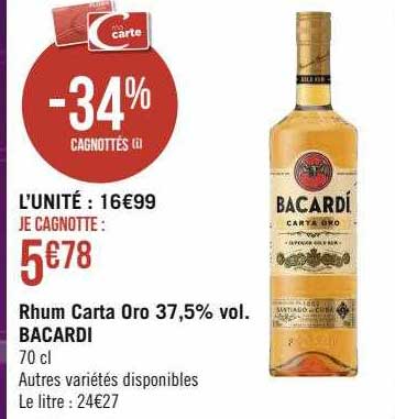rhum carta oro 37,5% vol. bacardi