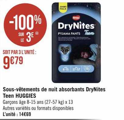 sous-vêtements de nuit absorbants dry nites teen huggies