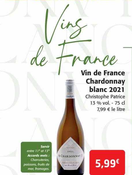 vin de france chardonnay blanc 2021 christophe patrice 13% vol.