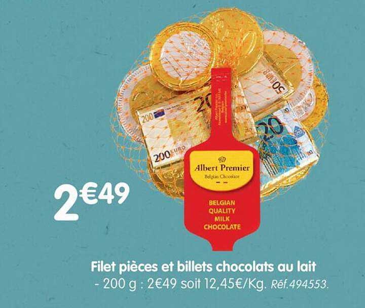 filet pièces et billets chocolats au lait