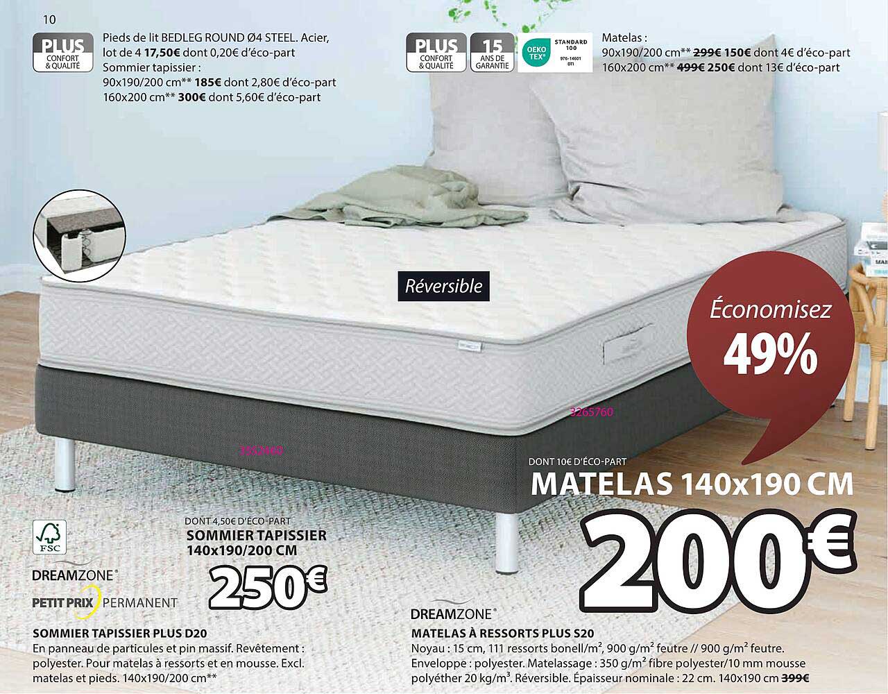 sommier tapisseur plus d20 dreamzone, matelas à ressorts plus s20 dreamzone