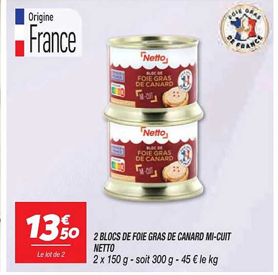 2 blocs de foie gras de canard mi-cuit netto