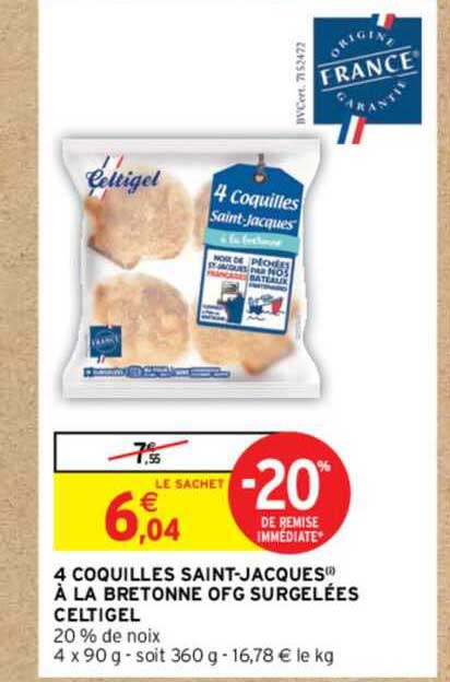 4 coquilles saint-jacques à la bretonne ofg surgelées celtigel