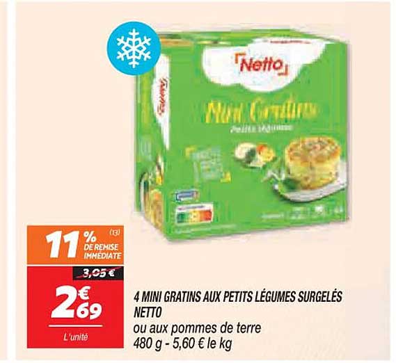 4 mini gratins aux petits légumes surgelés netto