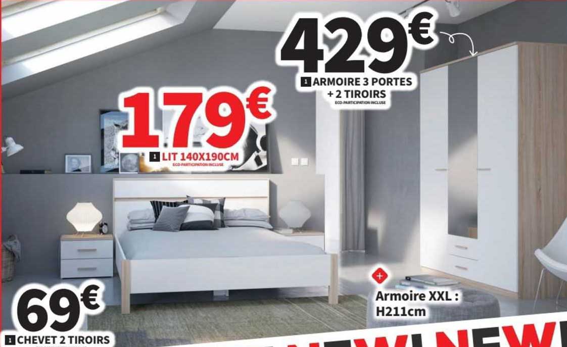 Armoire 3 Portes + 2 Tiroirs, Chevet 2 Tiroirs