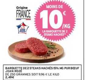 barquette de 2 steaks hachés 15% mg pur bœuf jean rozé