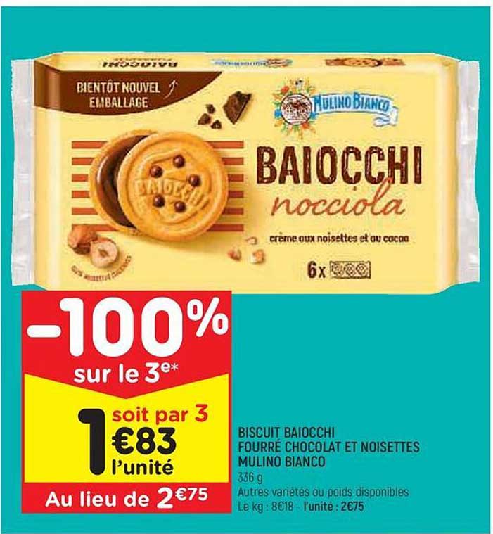 biscuit baiocchi fourré chocolat et  noisettes mulino bianco