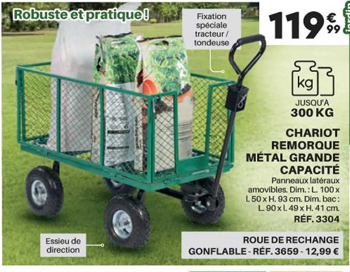 chariot remorque métal grande capacité, roue de rechange gonflable