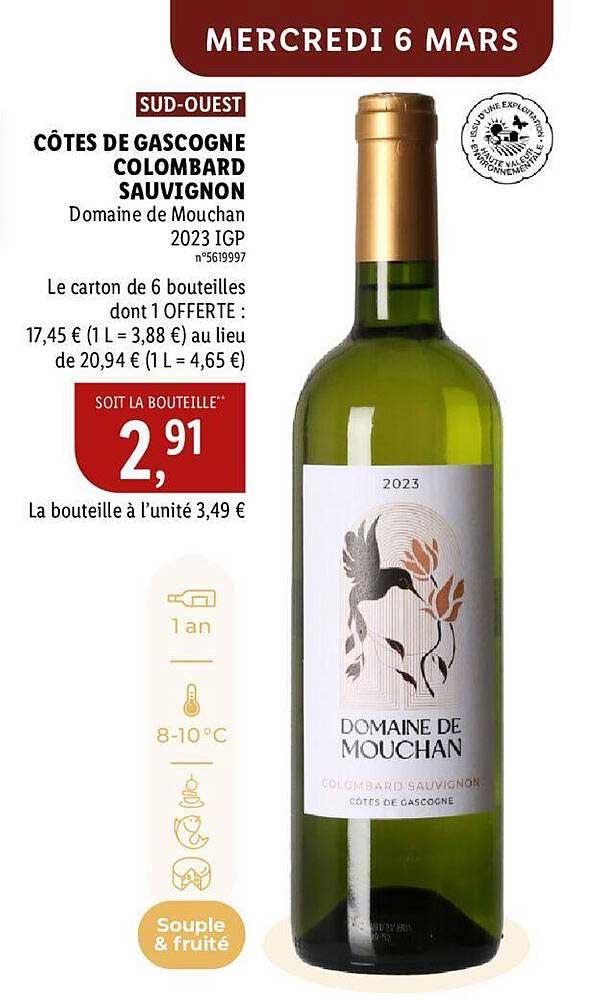 côtes de gascogne colombard sauvignon domaine de mouchan 2023 igp