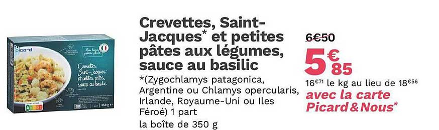 crevettes, saint-jacques et petites pâtes aux légumes, sauce au basilic