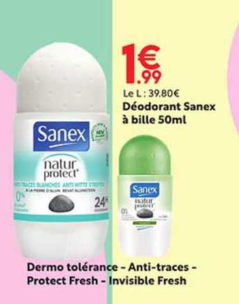 déodorant sanex à bille dermo tolérante - anti-traces - protect fresh - invisible fresh