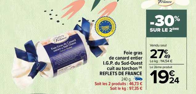 foie gras de canard entier i.g.p. du sud-ouest cuit au torchon reflets de france