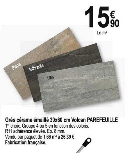 grès cérame émaillé 30 x 60 cm volcan parefeuille