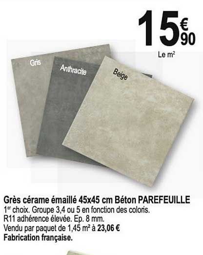 grès cérame émaillé 45 x 45 cm béton parefeuille