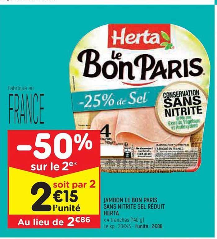 jambon le bon paris sans nitrite sel réduit herta