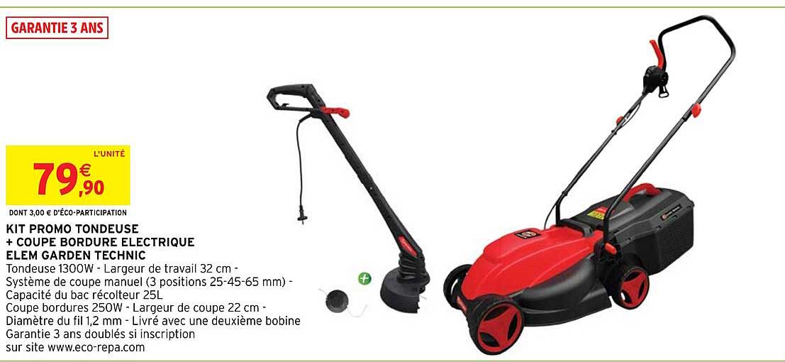 kit promo tondeuse + coupe bordure electrique elem garden technic