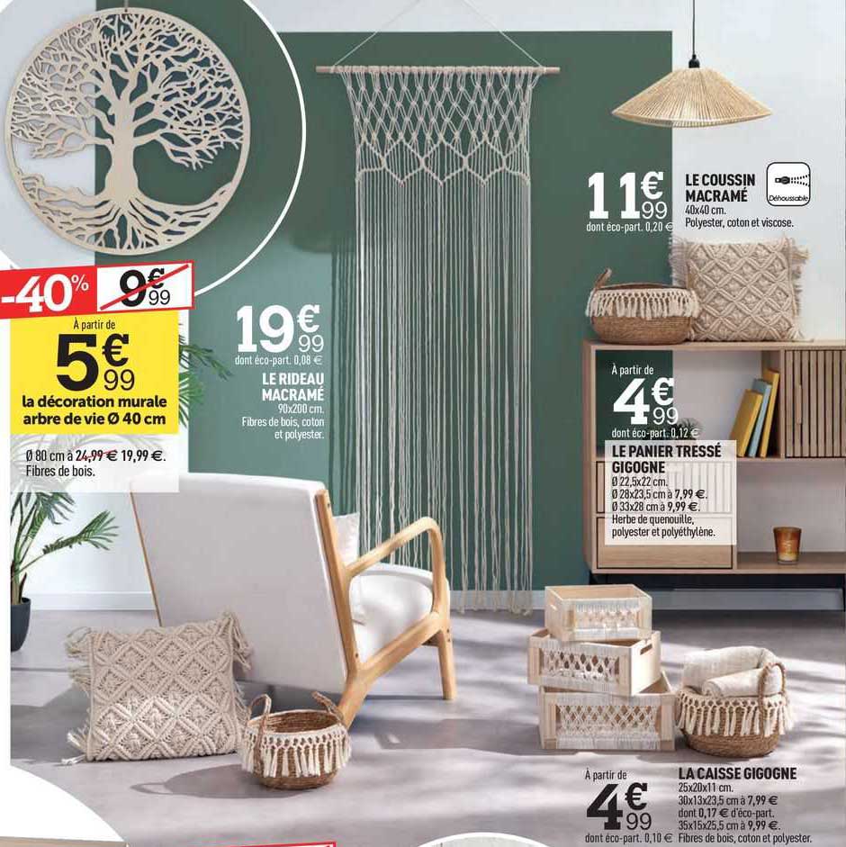 la décoration murale arbre de vie ø 40 cm, le panier tressé gigogne, la caisse gigogne, le coussin macramé